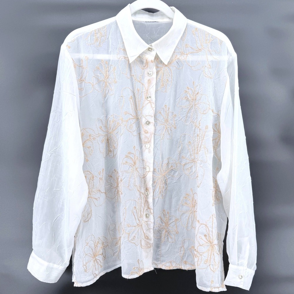 Floral Embroidered Button Down Shirt Womens L White Sheer Boho Blouse